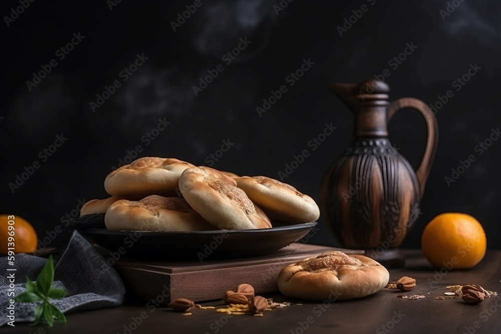  a bowl of bread sitting on top of a table next to an orange and a pitcher of milk on a wooden table