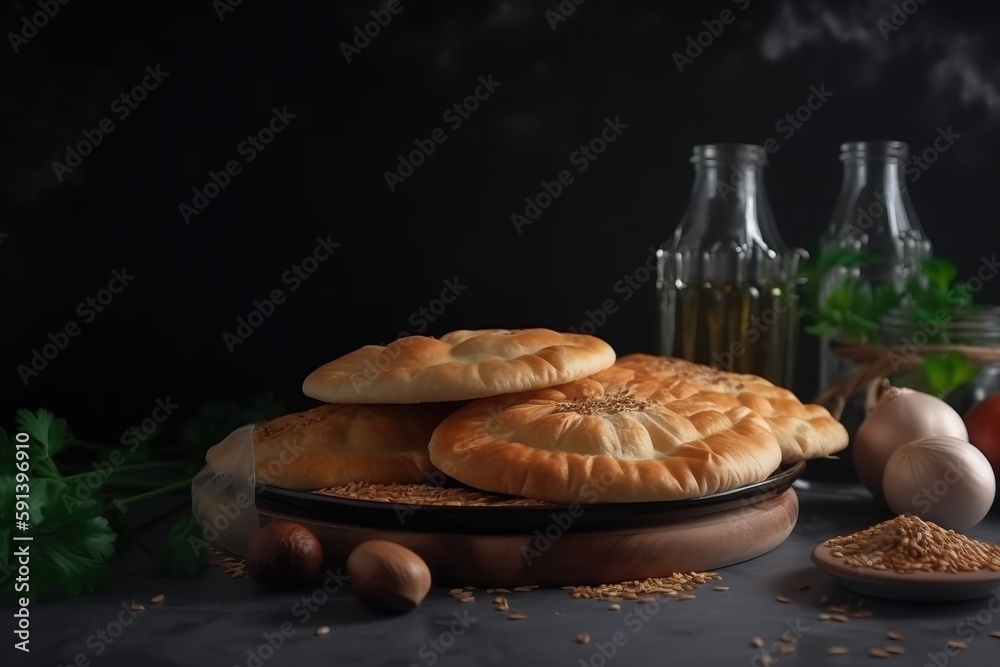  a table topped with bread and other foods on top of a black tablecloth next to bottles of olive oil