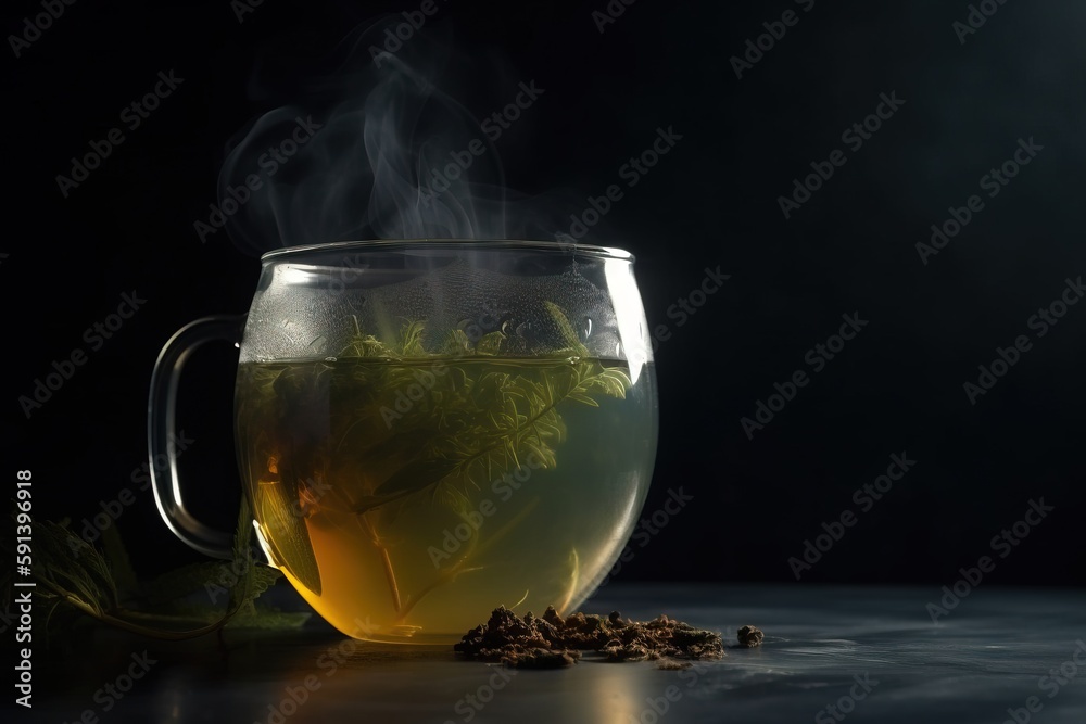  a cup of tea with steam rising out of it and some leaves on the side of the cup and on the table ne