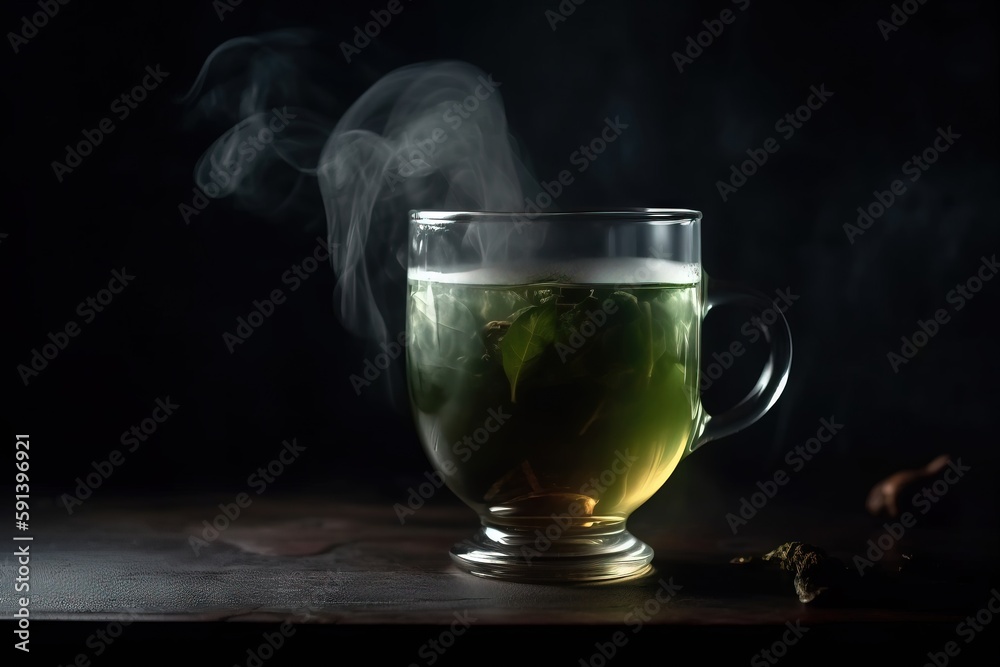  a cup of green tea with steam rising from the top of the cup and on the side of the cup is a leafy 