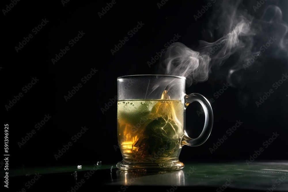  a cup of tea with steam rising out of it on a table with a black background and a green leaf in the