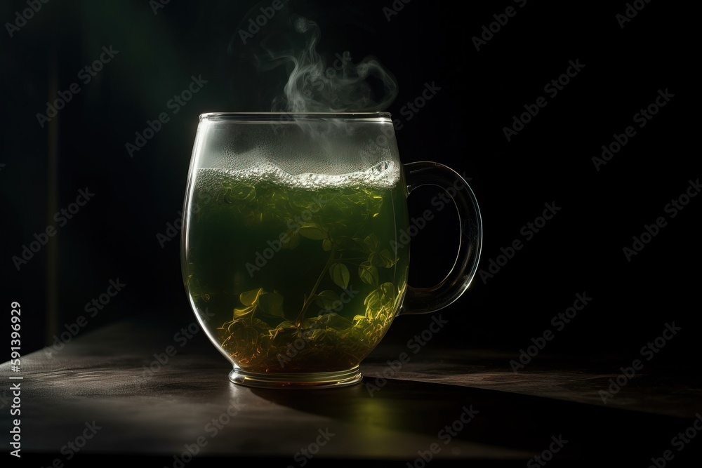  a cup of tea with steam rising out of it on a table with a black background and a black background 