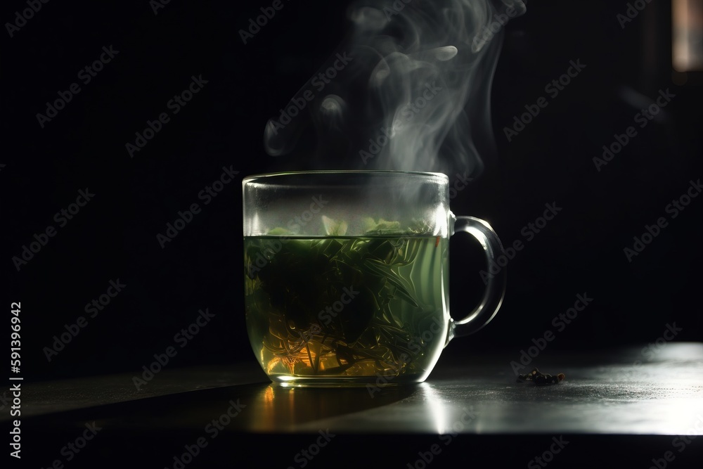  a cup of green tea with steam rising from the top of the cup, on a dark surface, with a few pieces 