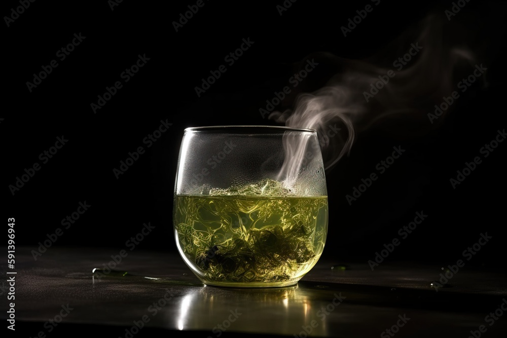  a cup of tea with steam rising from it on a table with a black background and a black background be