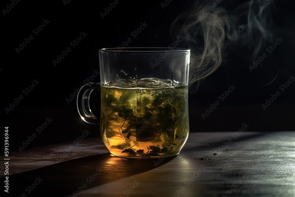  a cup of tea with steam rising out of it on a table with a black background and a shadow of a perso