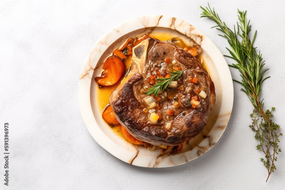  a plate of food on a marble table with a sprig of rosemary on top of the plate and a piece of meat 