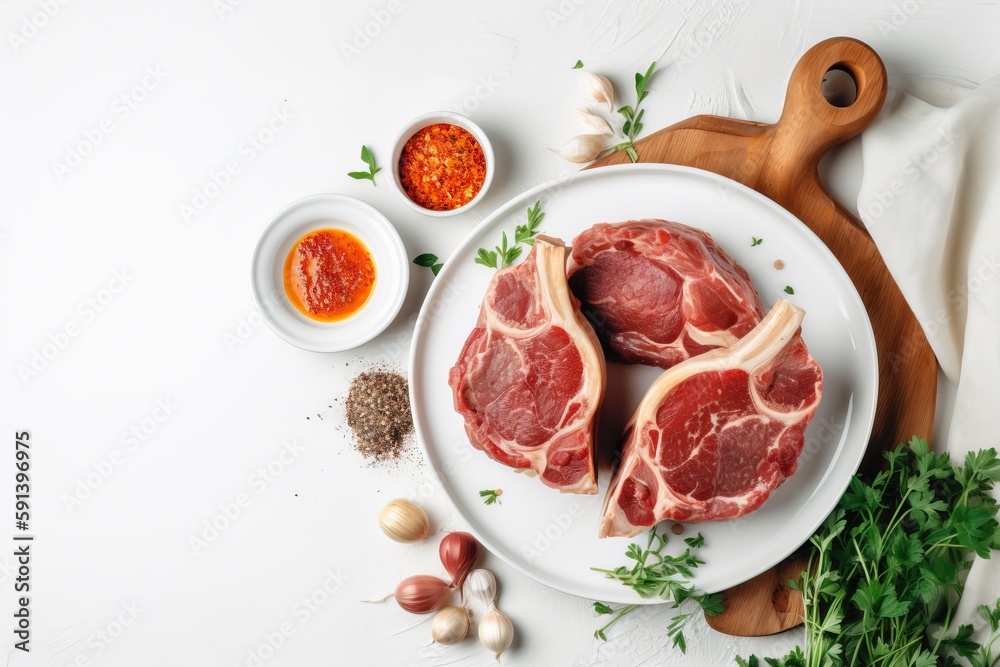  raw meat on a plate with spices and herbs on a white tablecloth with a cutting board and a wooden c