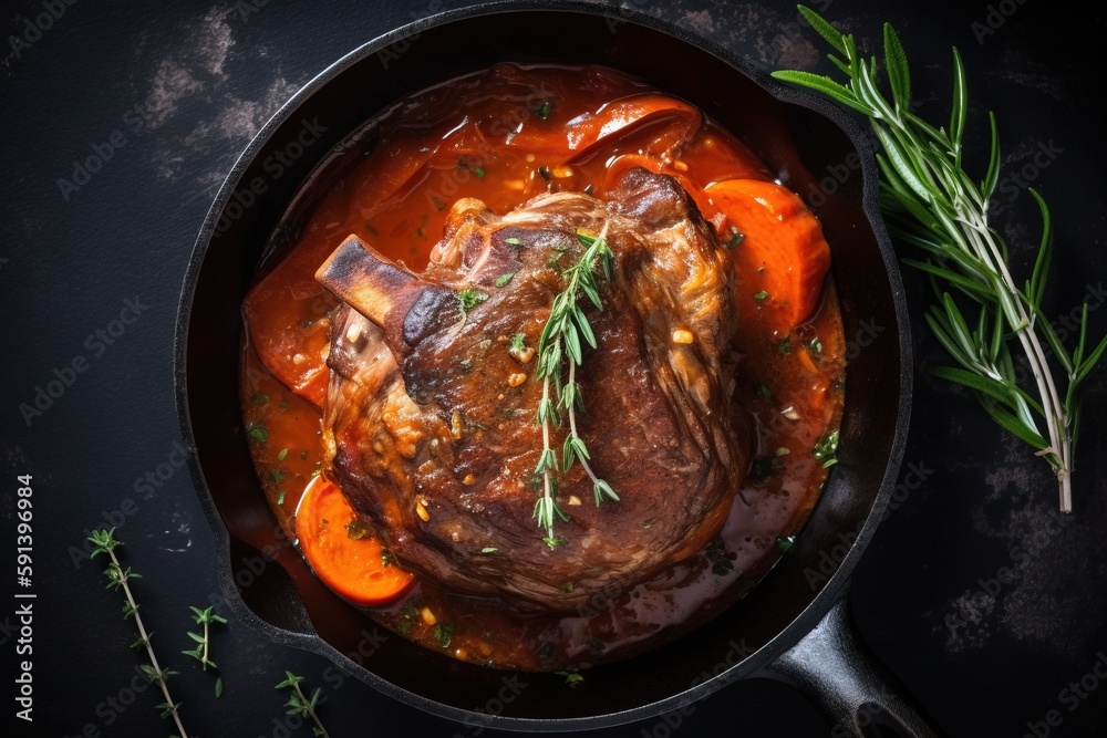  a pot of stew with carrots and meat on a black surface with a sprig of rosemary on top of the pot a