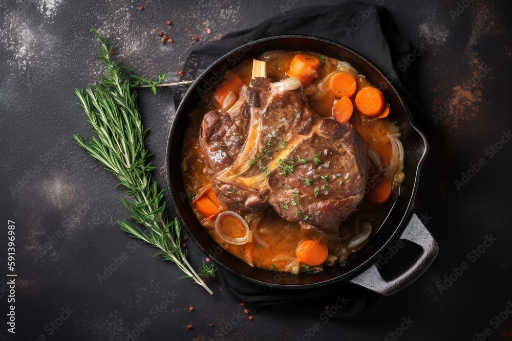  a pot of stew with carrots, onions, and meat on a black surface with a sprig of parsley on the side