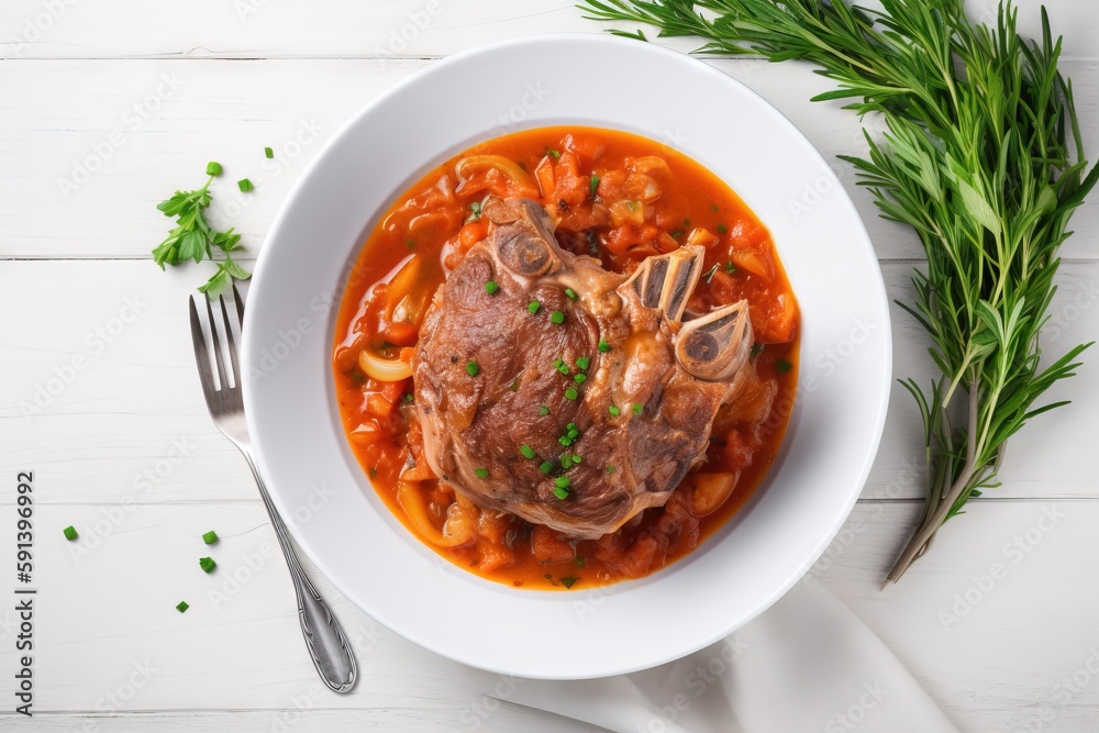  a bowl of stew with meat and vegetables on a white table with a spoon and a sprig of parsley on the