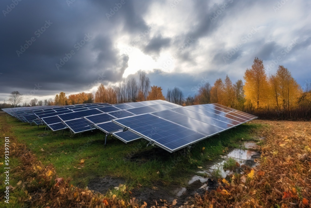  a row of solar panels sitting on top of a grass covered field under a cloudy sky with trees in the 