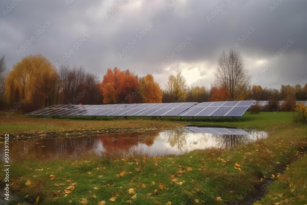  a field with a pond and a row of solar panels on the side of the field with trees in the background