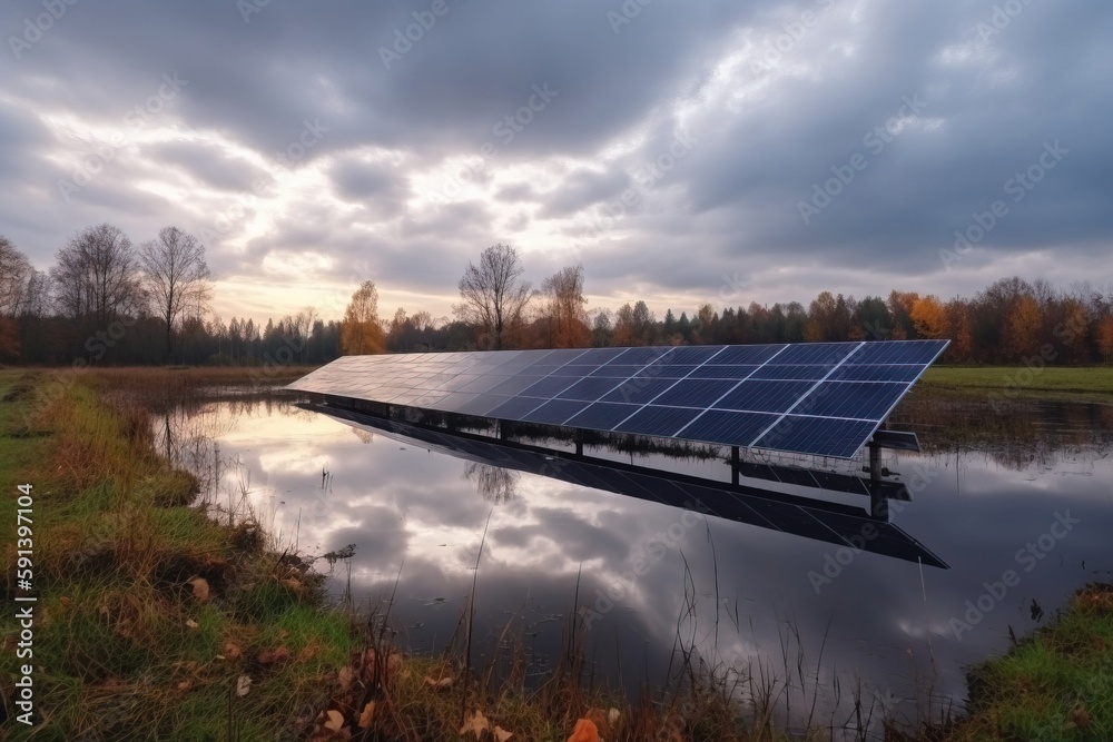  a large solar panel sitting on top of a body of water near a field of grass and a forest in the bac