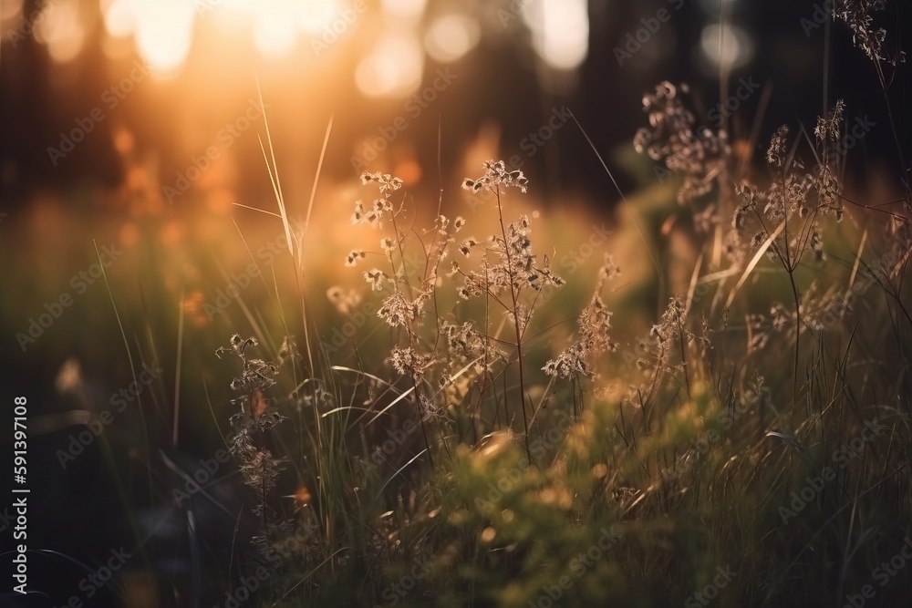  a field of grass with the sun shining through the trees in the background and the grass in the fore