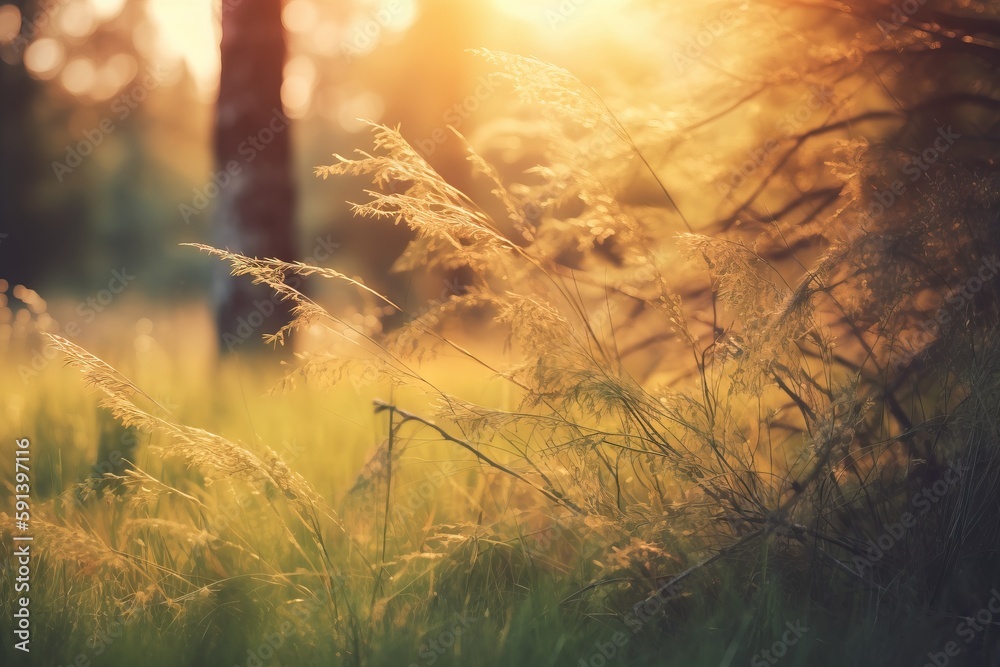  a grassy field with tall grass and trees in the background with the sun shining through the trees i