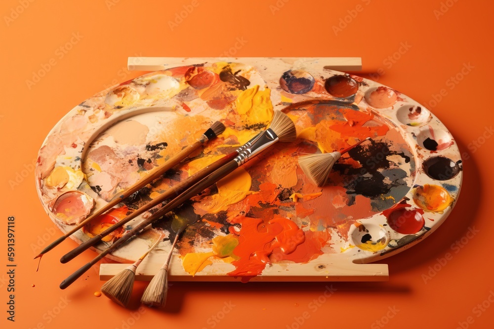  a palette with paint and brushes on an orange background with a blank space for the word paint on t