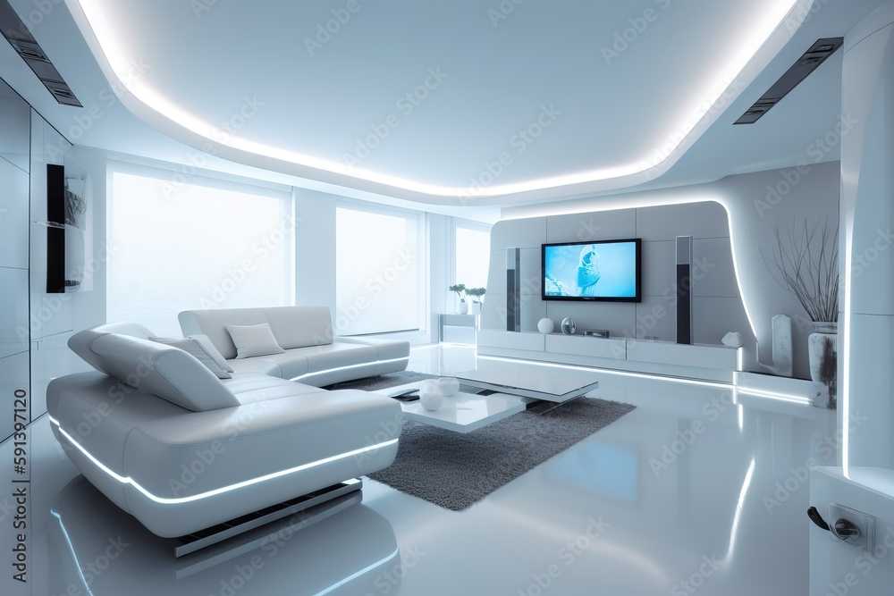  a modern living room with white furniture and a flat screen tv mounted on the wall above a fireplac