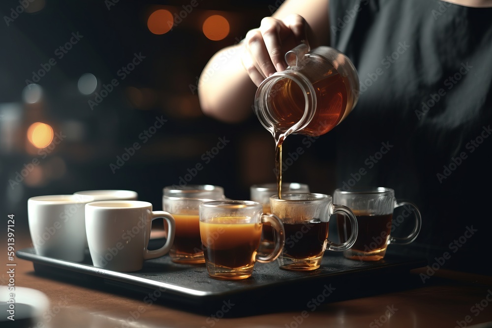  a person pouring tea into cups on a tray with a tray of cups in front of them and a person in the b