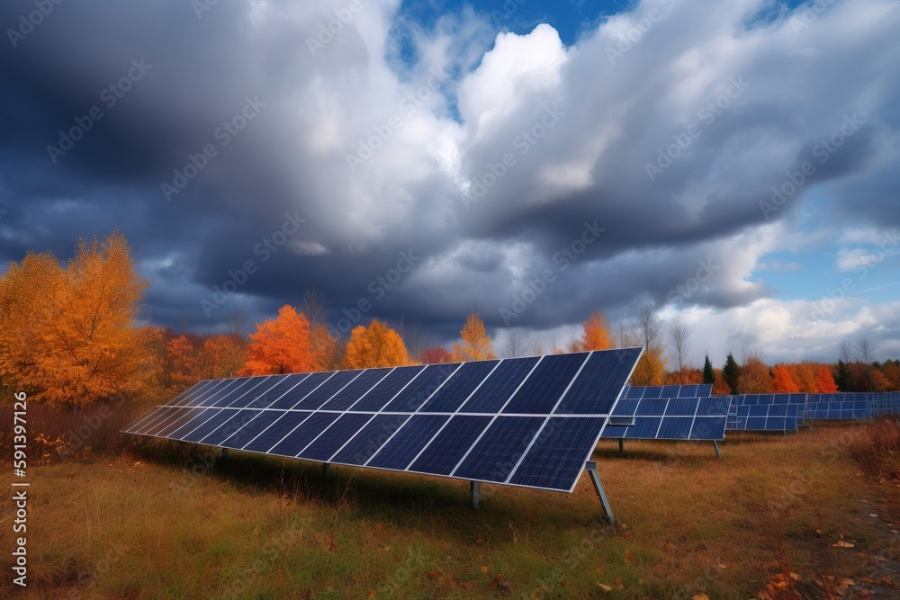  a row of solar panels in a field with trees in the background and clouds in the sky in the backgrou