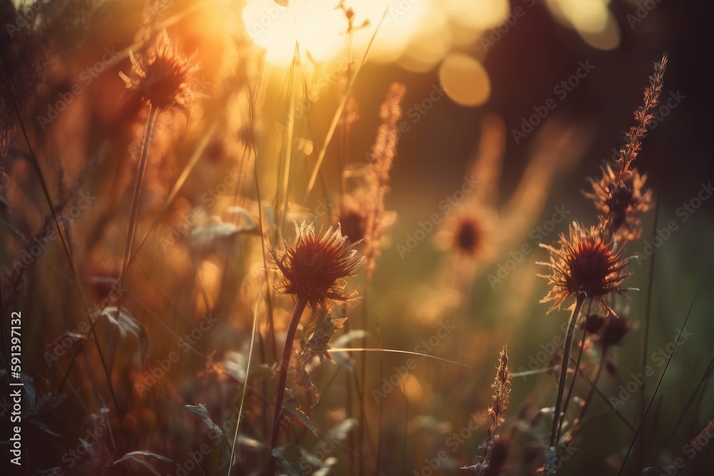  a field of wildflowers with the sun shining through the trees in the background and the grass in th