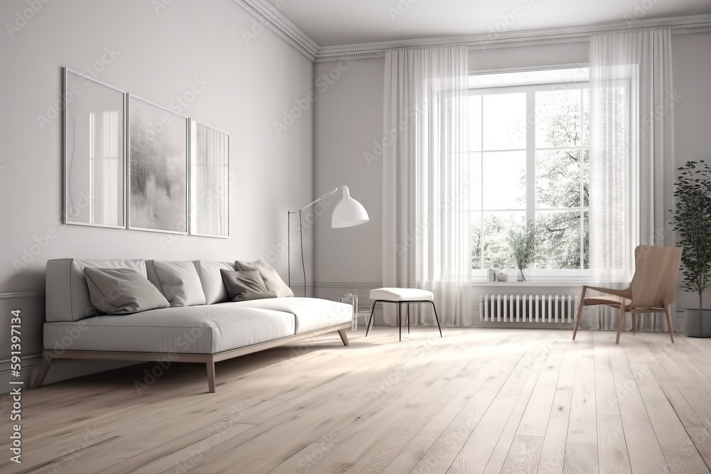  a living room with a couch, chair, and a window with curtains on the side of the room and a lamp on