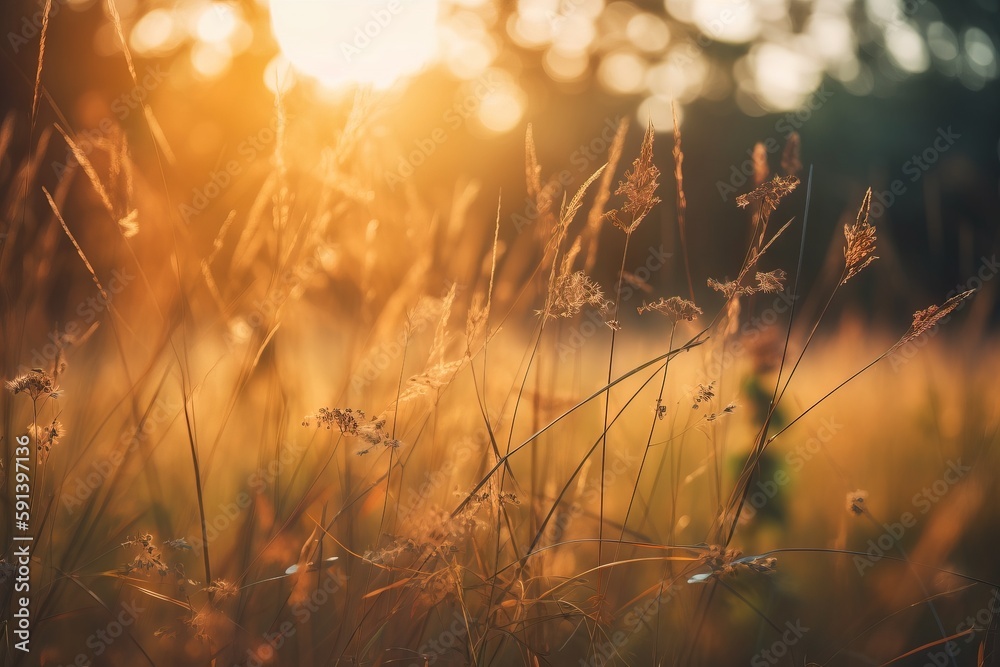  a field of tall grass with the sun shining through the trees in the background and a blurry photo o