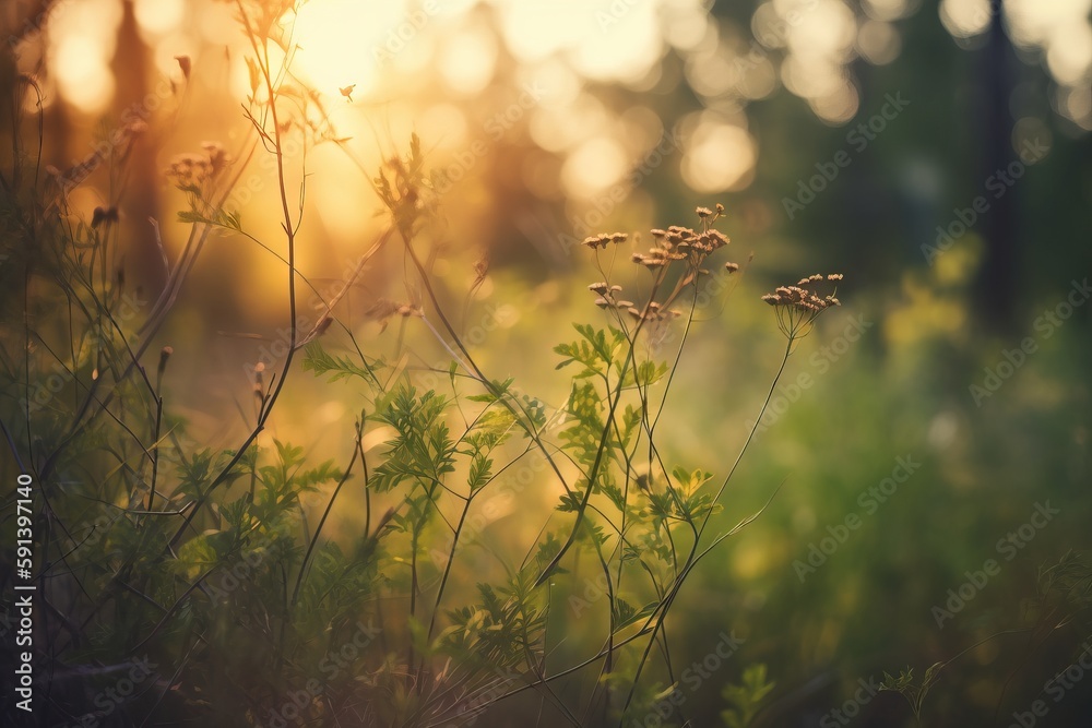  a field of grass with the sun shining through the trees in the background and a blurry photo of the