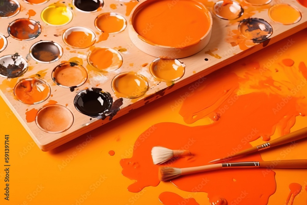  a palette of orange paint and a paintbrush on an orange background with a half of the paint on the 