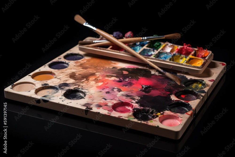  a wooden tray with paint and two wooden brushes on top of a black surface with a black back ground 