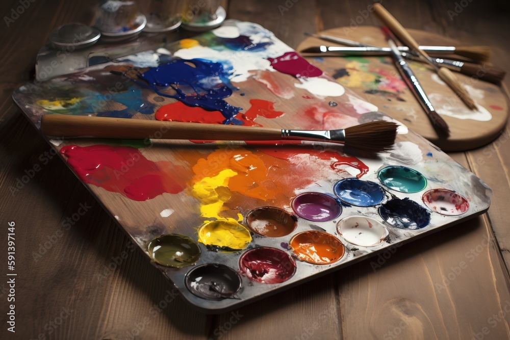  a palette of paint and a brush on a wooden table with other paints and brushes on the trays of the 