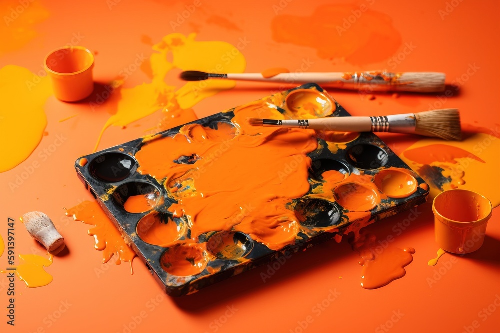  a paint palette and two cups of paint on an orange surface with orange drops of paint on the paint 