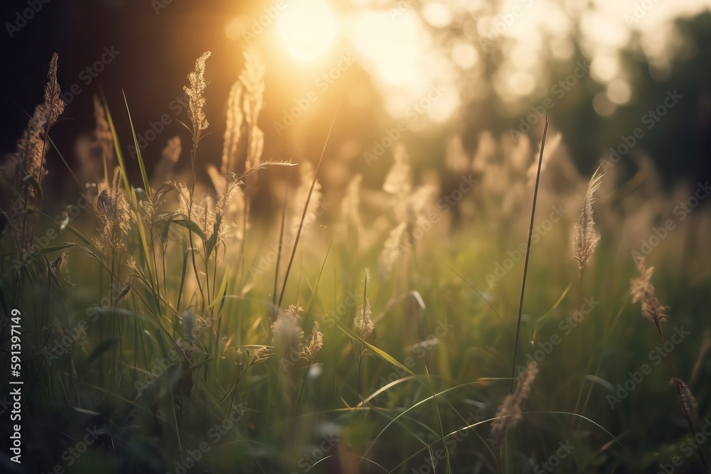  a field of grass with the sun shining through the trees in the background and the grass blowing in 