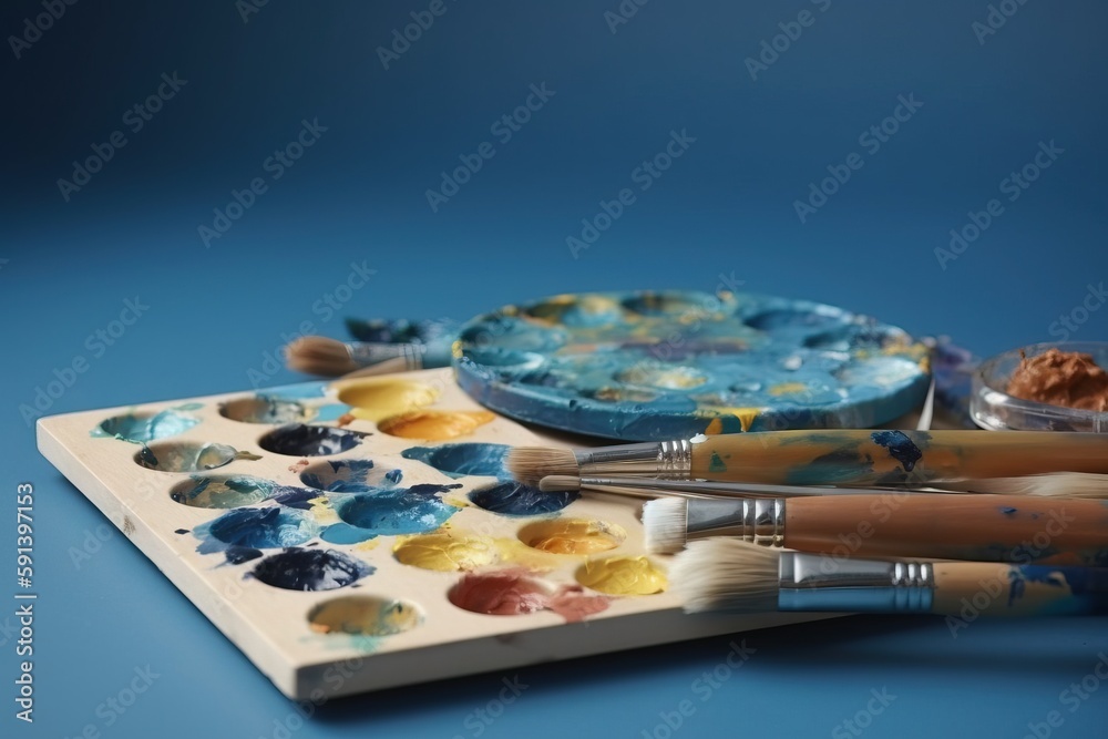  a blue table with paint and brushes on it and a plate of paint and a bowl of powder on the table wi