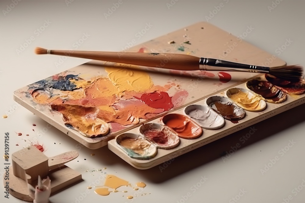  a wooden easel with paint and a brush sitting on top of it next to a box of paint and a wooden bloc