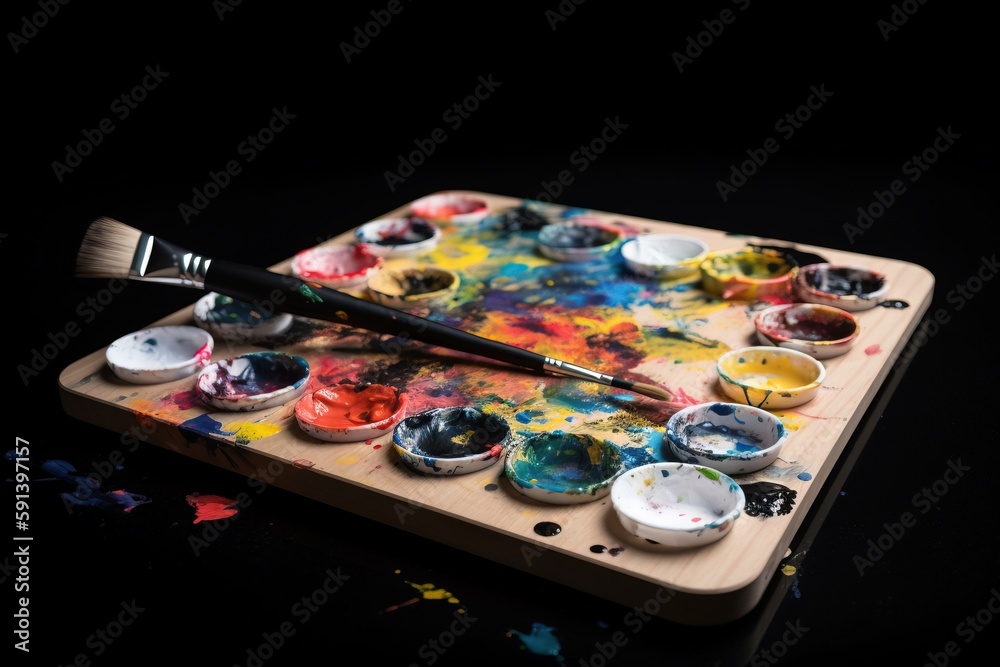  a wooden tray with paint and a brush on top of it with a black background and a black background be