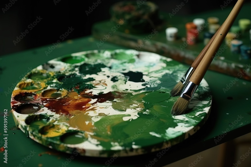  a paint palette with a paintbrush on a green table next to a green tray with paint and other paints