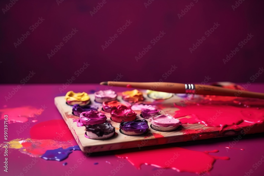  a wooden tray with paint and a brush on top of a purple surface with red and purple paint smearchin