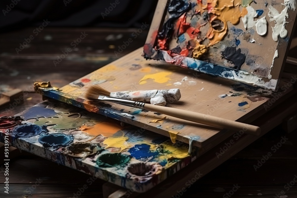  a paintbrush and a palette of paint on a wooden easel on a wooden table with a black background and