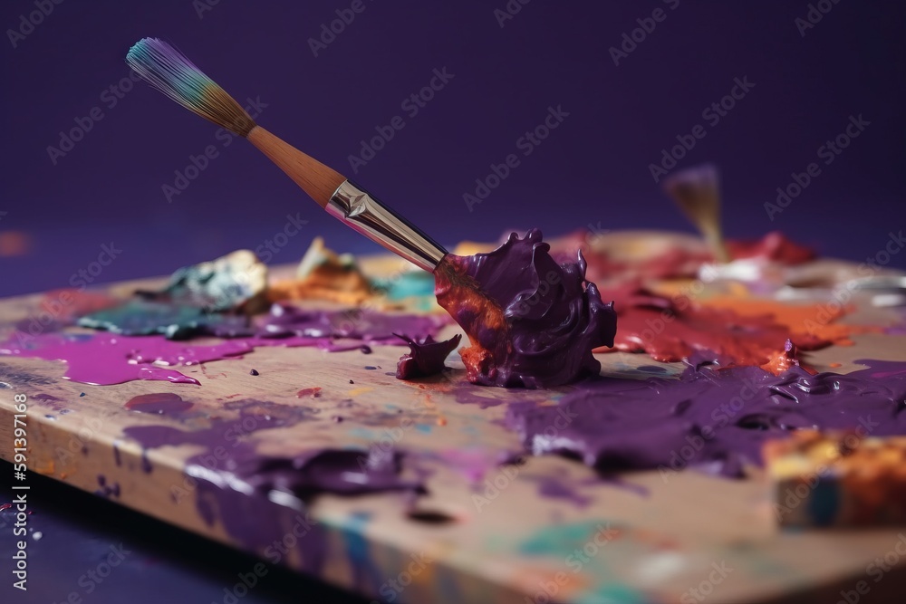  a paint palette with a paintbrush in it and purple and purple paint on the palette and the paint ch