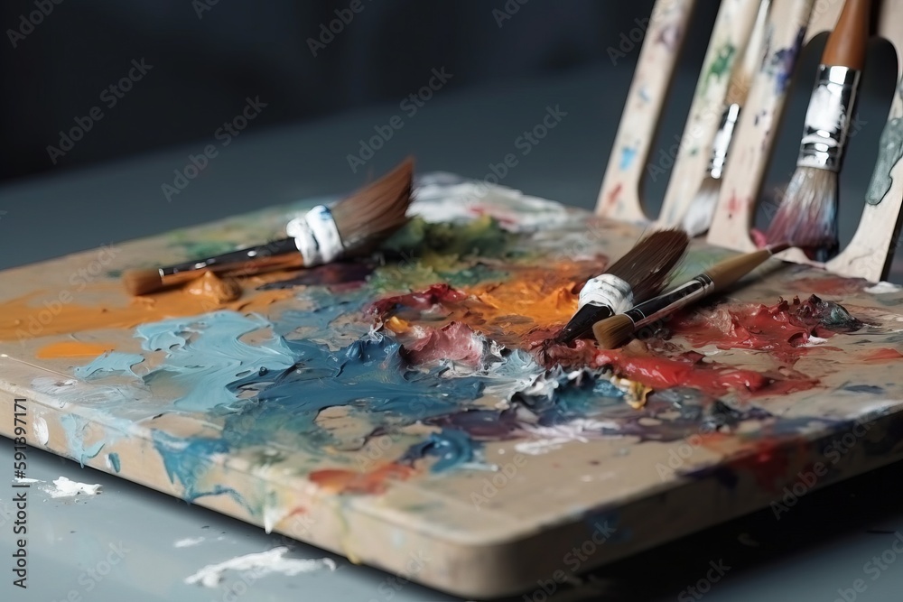  a tray with paint brushes and a palette of paint sitting on top of a table with other paintbrushes 