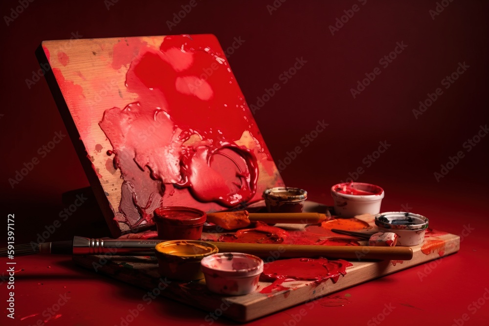  a painting with red paint on it and a palette of paint on a red surface with other paints and brush