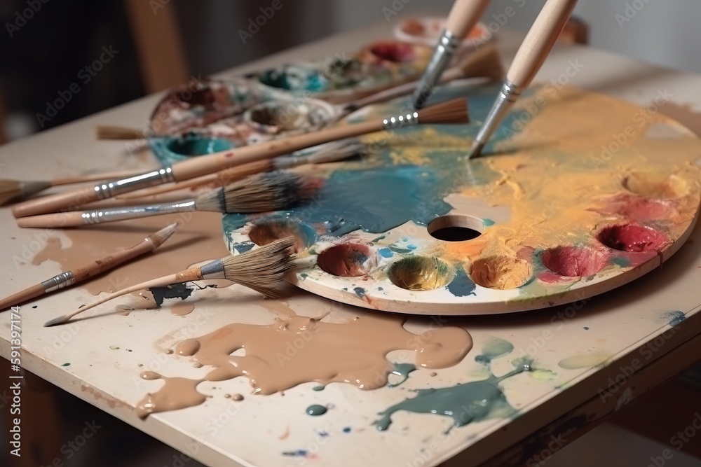  a palette of paint and brushes sitting on a table with other paintbrushes and paints on the trays o