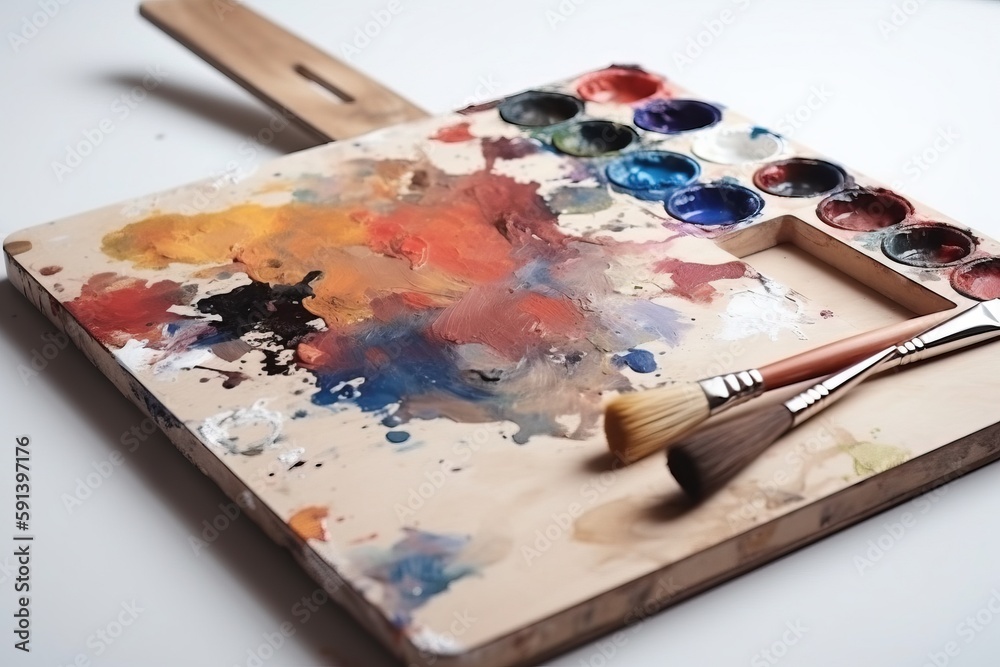  a palette of paint and a brush sitting on a wooden tray on a white surface with a white tablecloth 