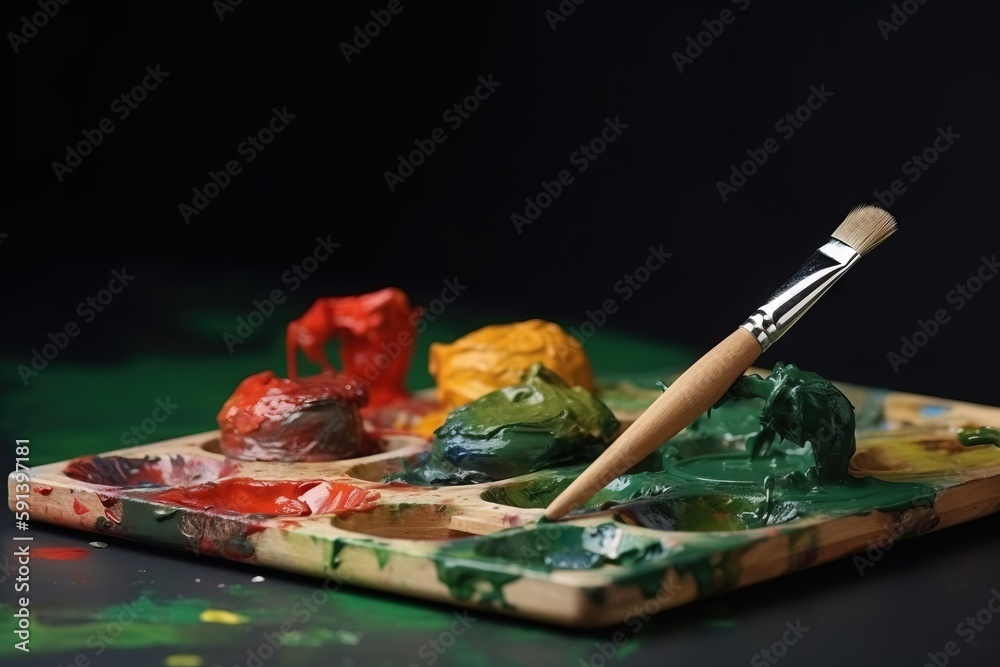  a wooden tray with paint and a paintbrush on it with green and red paint on the top of the tray and