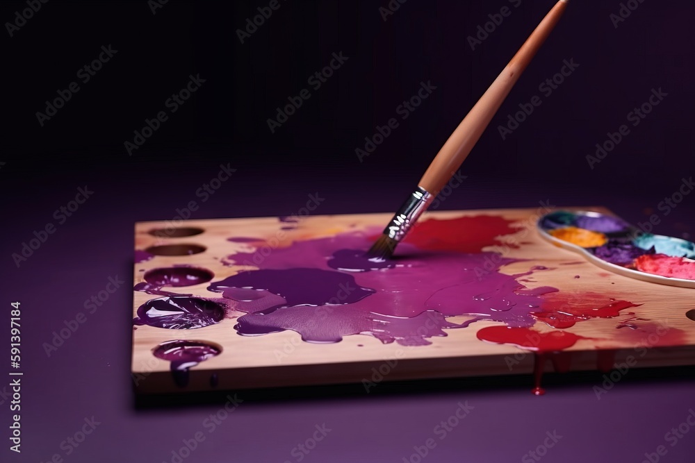  a paint palette with a brush and a bowl of paint on a purple surface with a purple background and a