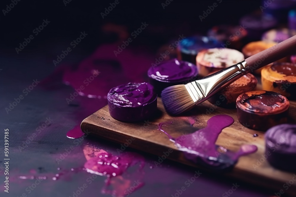  a paintbrush sitting on top of a wooden tray filled with purple and red paint covered brushes and p