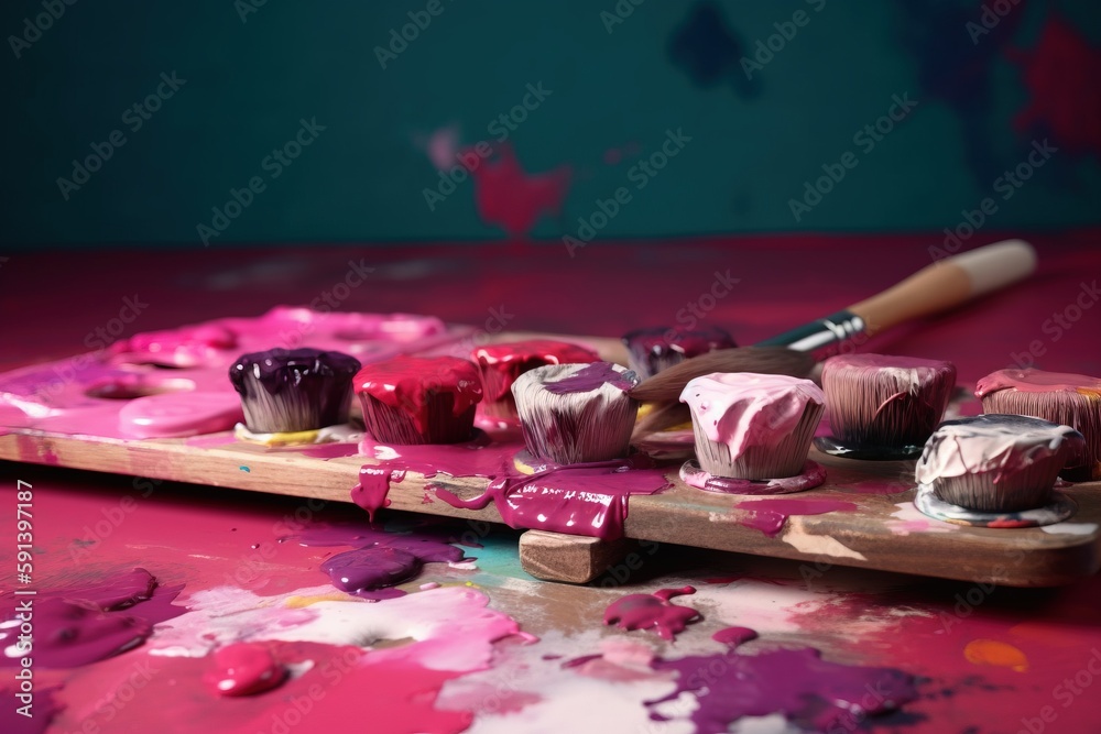  a wooden tray with paint and a brush on top of a pink tablecloth covered with paint smearered with 