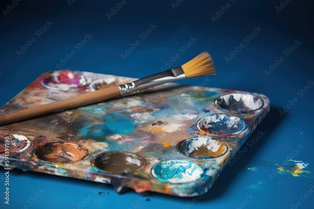  a paint tray with a paintbrush and a palette of paint sitting on top of it, on a blue surface with 