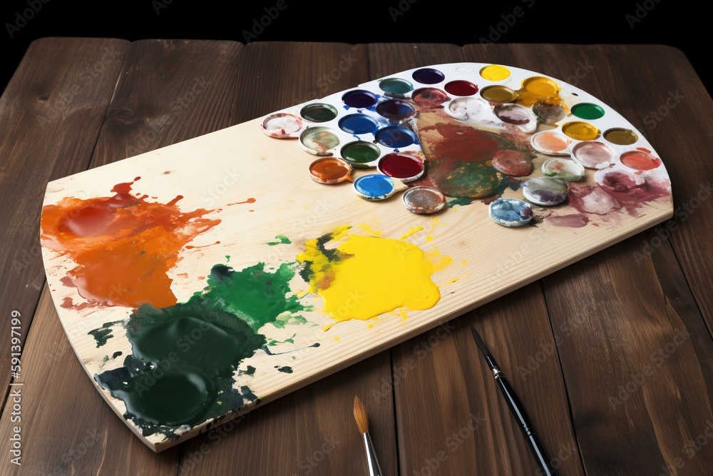  a wooden table with a paint palette and paintbrushes on it and a wooden board with multiple colors 