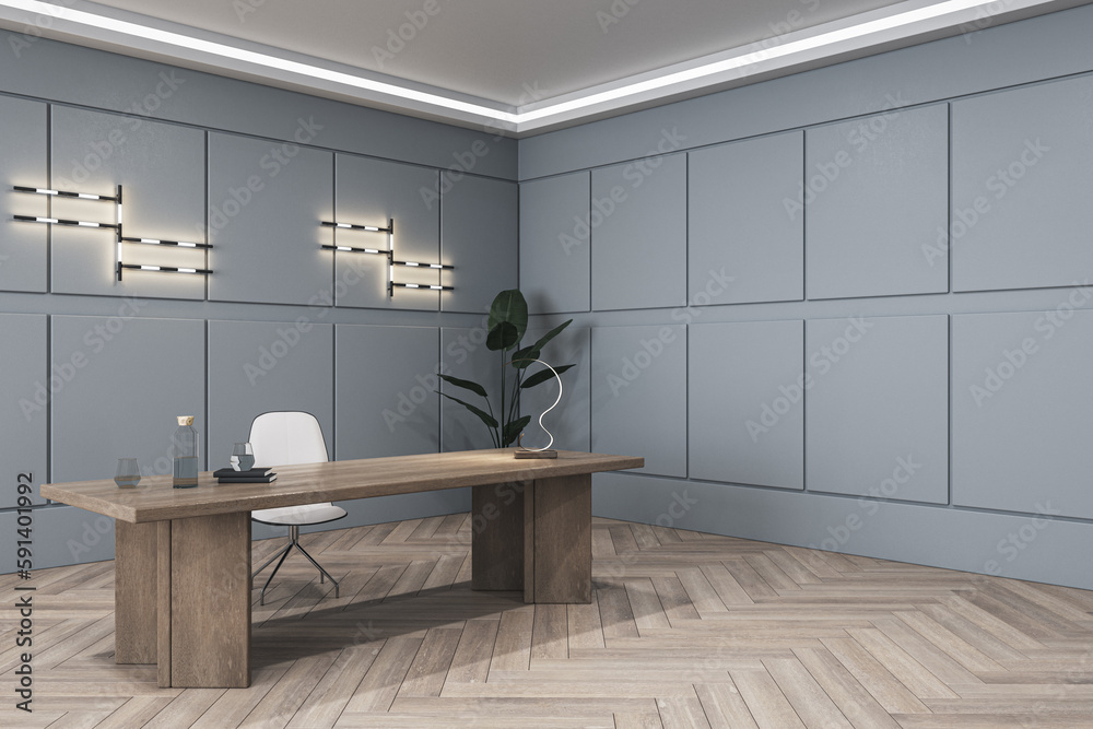 Luxury concrete and wooden office interior with furniture, lamps and decorative items. 3D Rendering.